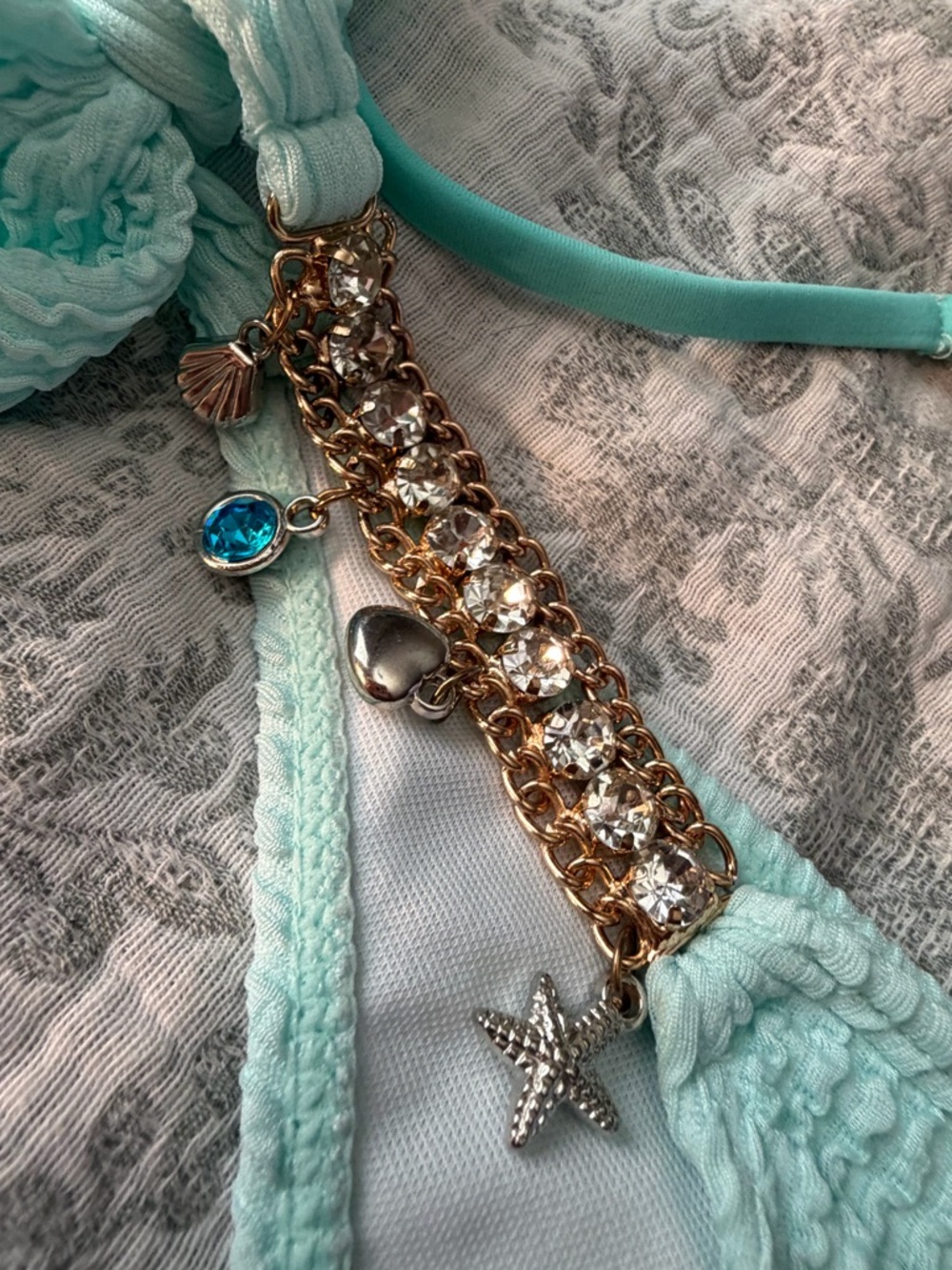Mint Textured Bikini Set Rhinestone Beachy Chain Detail Size L - Picture 5 of 7